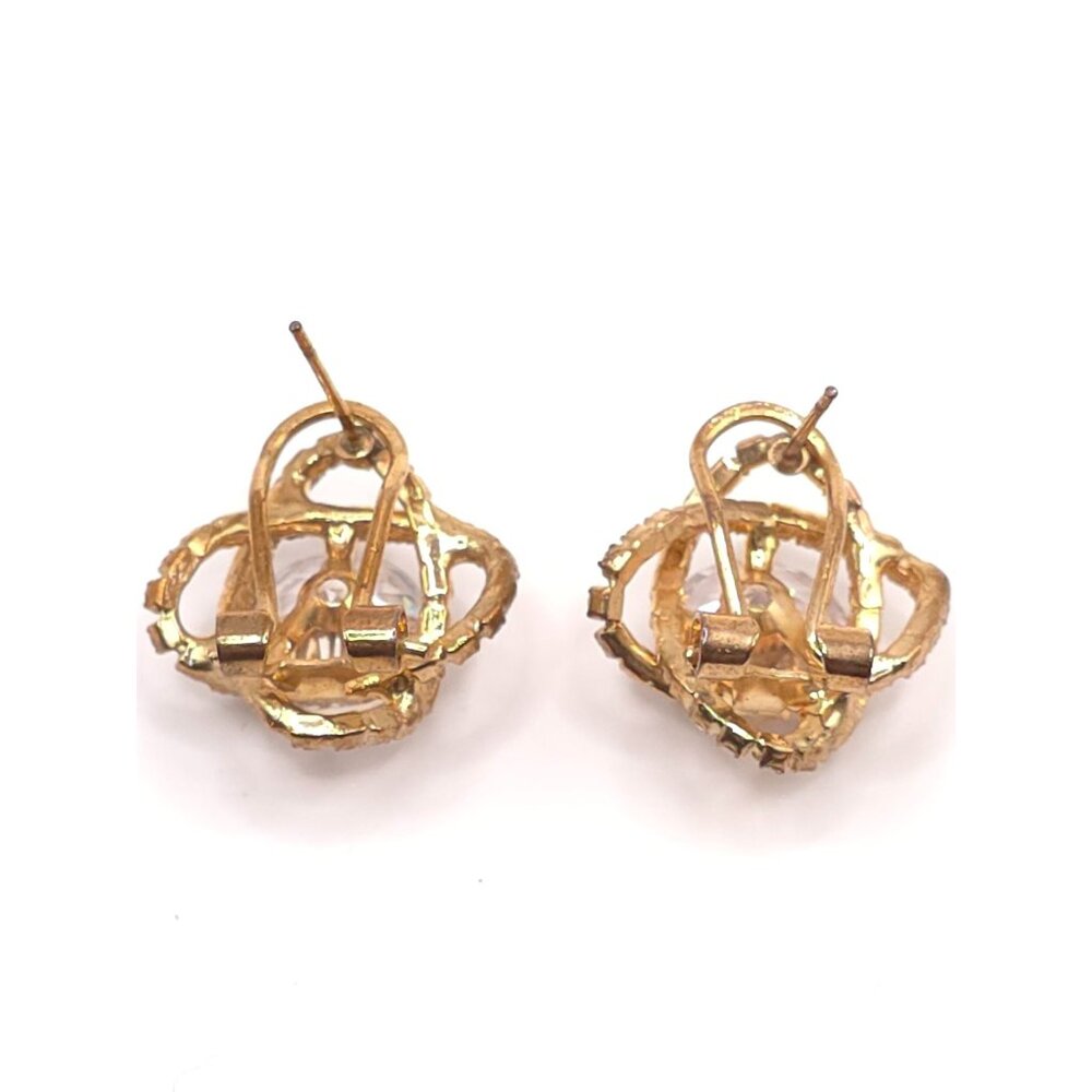 Vintage Gold-Tone Clip-On Earrings With Large Round Clear Rhinestones & Pave Set - Picture 2 of 8